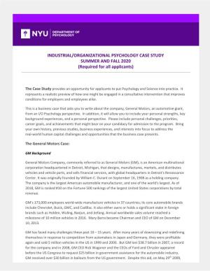 INDUSTRIAL/ORGANIZATIONAL PSYCHOLOGY CASE STUDY SUMMER and FALL 2020 (Required for All Applicants)
