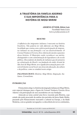 A Trajetória Da Família Adorno E Sua Importância Para a História De Mogi Mirim