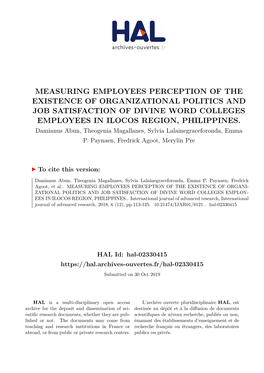 Measuring Employees Perception of the Existence of Organizational Politics and Job Satisfaction of Divine Word Colleges Employees in Ilocos Region, Philippines