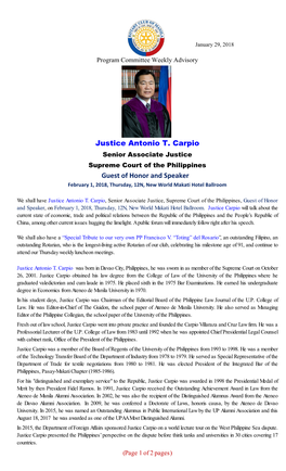Justice Antonio T. Carpio Guest of Honor and Speaker