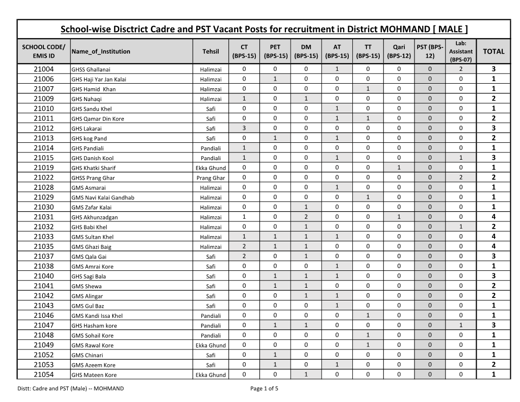 School Wise District Cadre Vacant Posts MOHMAND-ETEA.Xlsx