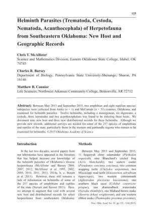 Helminth Parasites (Trematoda, Cestoda, Nematoda, Acanthocephala) of Herpetofauna from Southeastern Oklahoma: New Host and Geographic Records