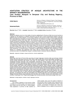 ADAPTATION STRATEGY of MOSQUE ARCHITECTURE in the MINORITY NEIGHBORHOOD Case Studies: Mosques in Denpasar City and Badung Regency, Province of Bali