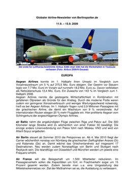 Globaler Airline-Newsletter Von Berlinspotter.De 11.9. – 15.9. 2009