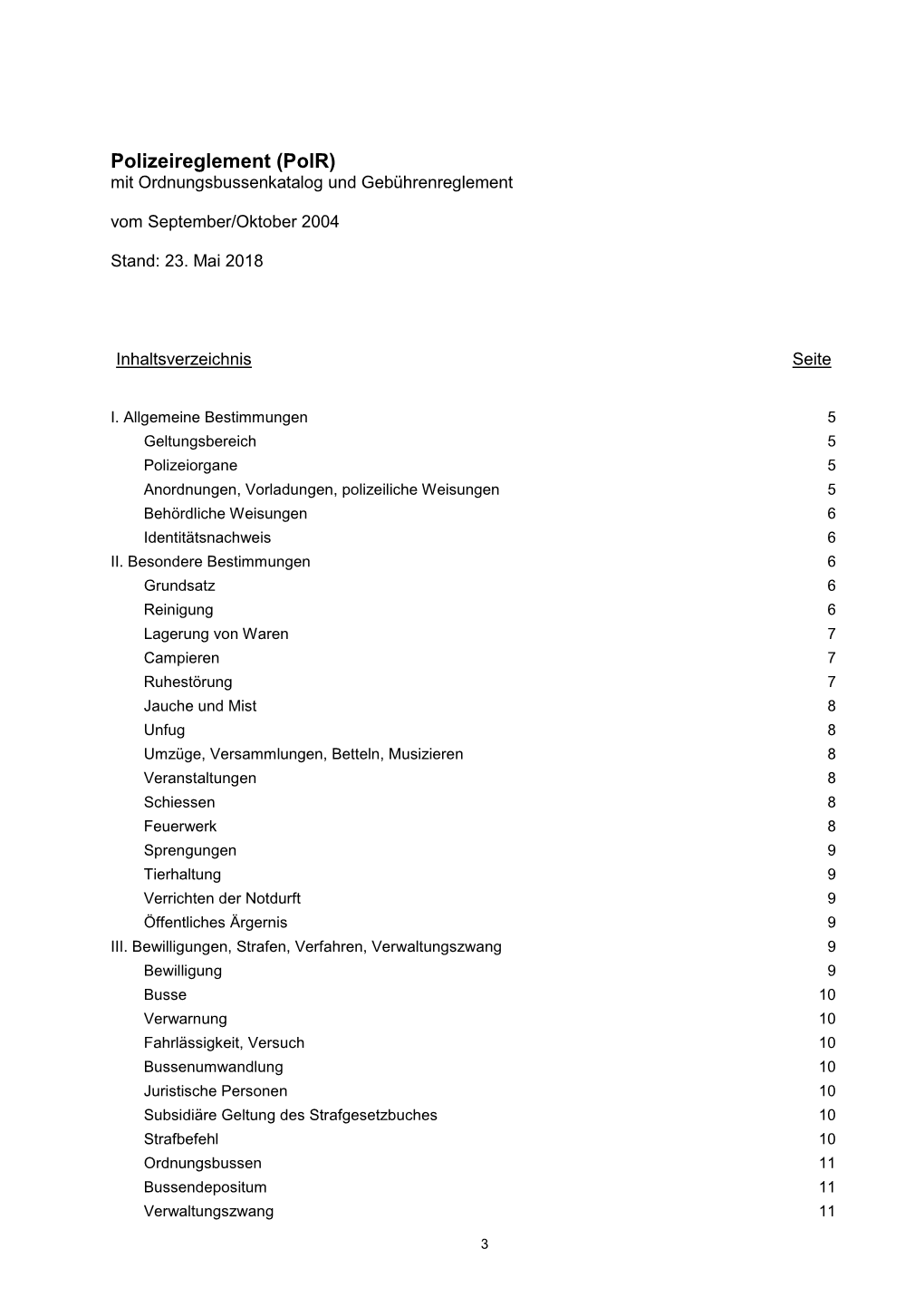 Polizeireglement (Polr) Mit Ordnungsbussenkatalog Und Gebührenreglement Vom September/Oktober 2004