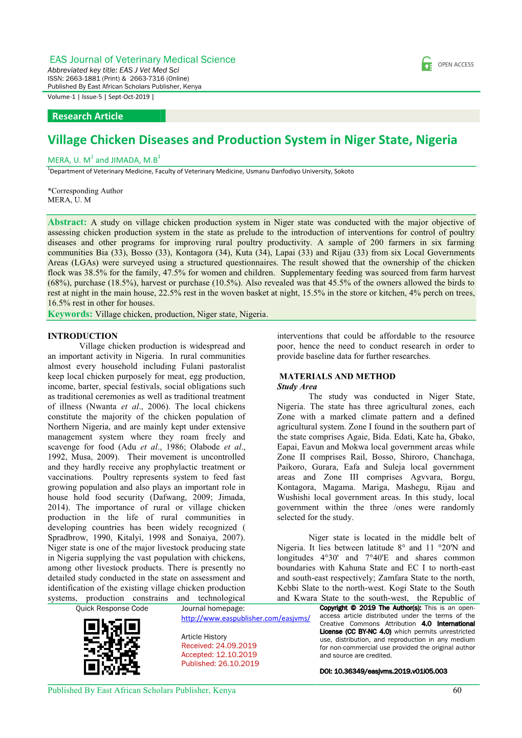 Village Chicken Diseases and Production System in Niger State, Nigeria