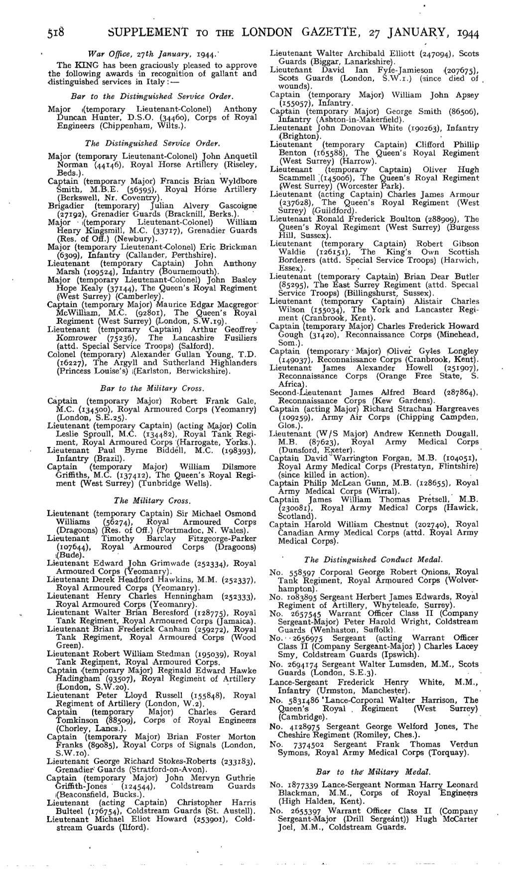 Supplement to the London Gazette, 27 January, 1944