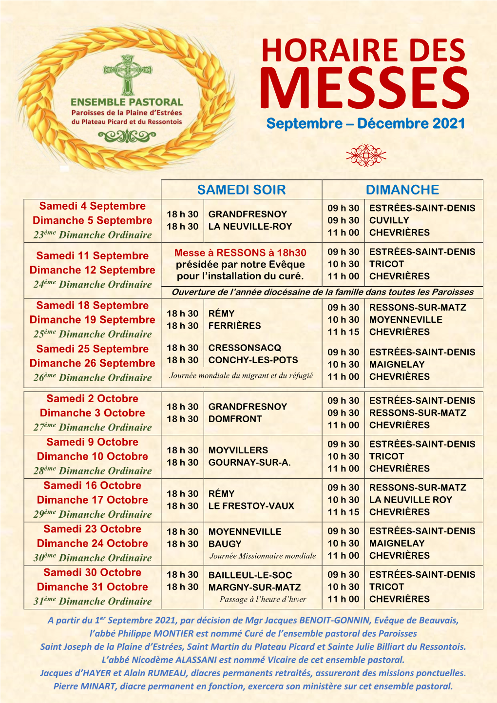 HORAIRE DES MESSES Septembre – Décembre 2021