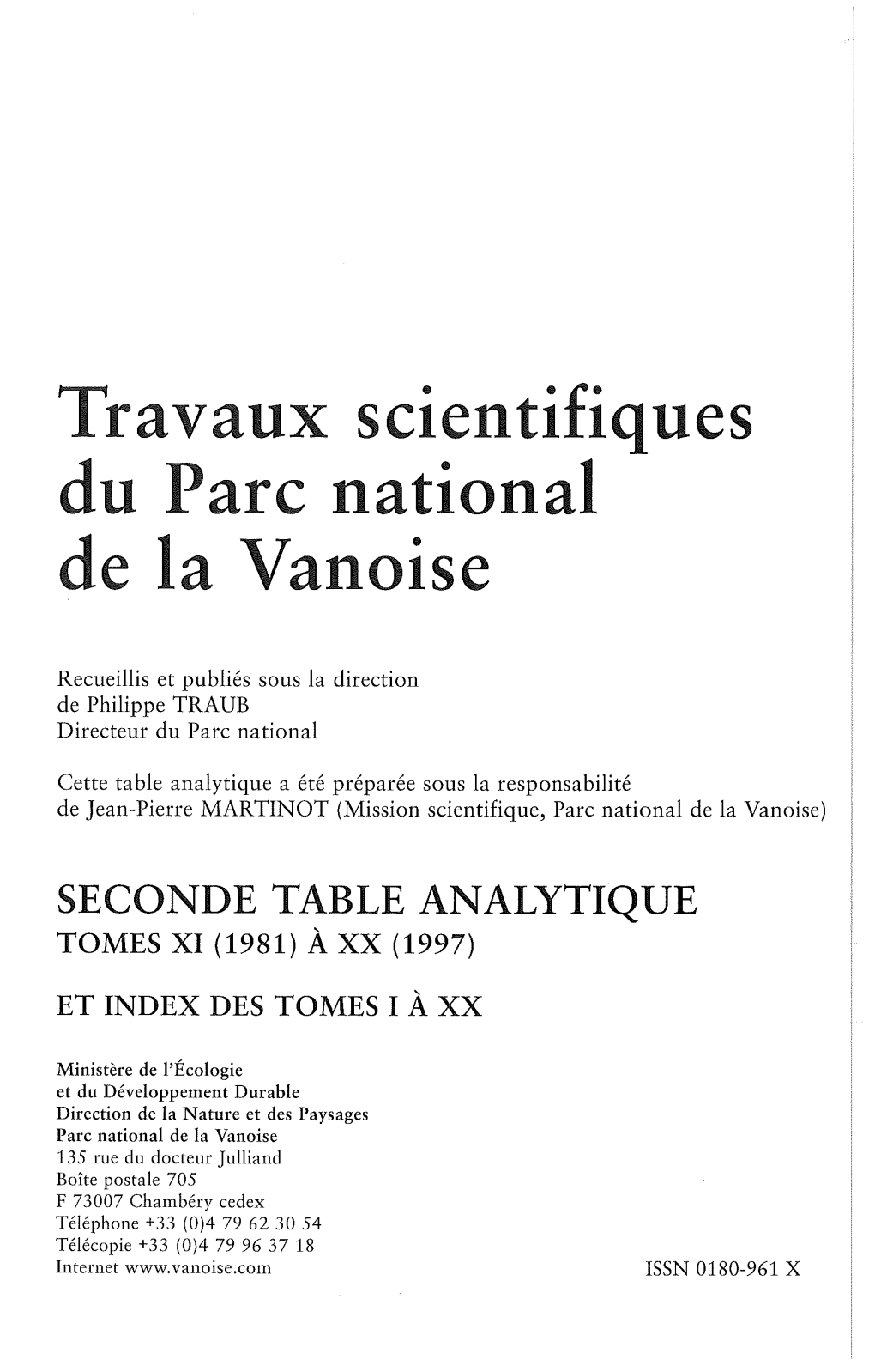 Travaux Scientifiques Du Parc National De La Vanoise