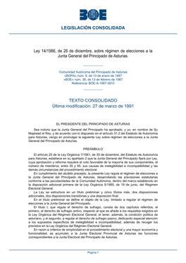Ley 14/1986, De 26 De Diciembre, Sobre Régimen De Elecciones a La Junta General Del Principado De Asturias