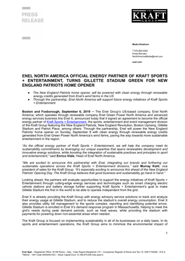 Enel North America Official Energy Partner of Kraft Sports + Entertainment, Turns Gillette Stadium Green for New England Patriots Home Opener