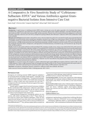 “Ceftriaxone– Sulbactam–EDTA” and Various Antibiotics Against Gram