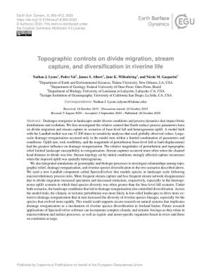Topographic Controls on Divide Migration, Stream Capture, and Diversiﬁcation in Riverine Life