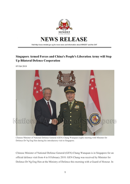 Singapore Armed Forces and China's People's Liberation Army Will Step up Bilateral Defence Cooperation