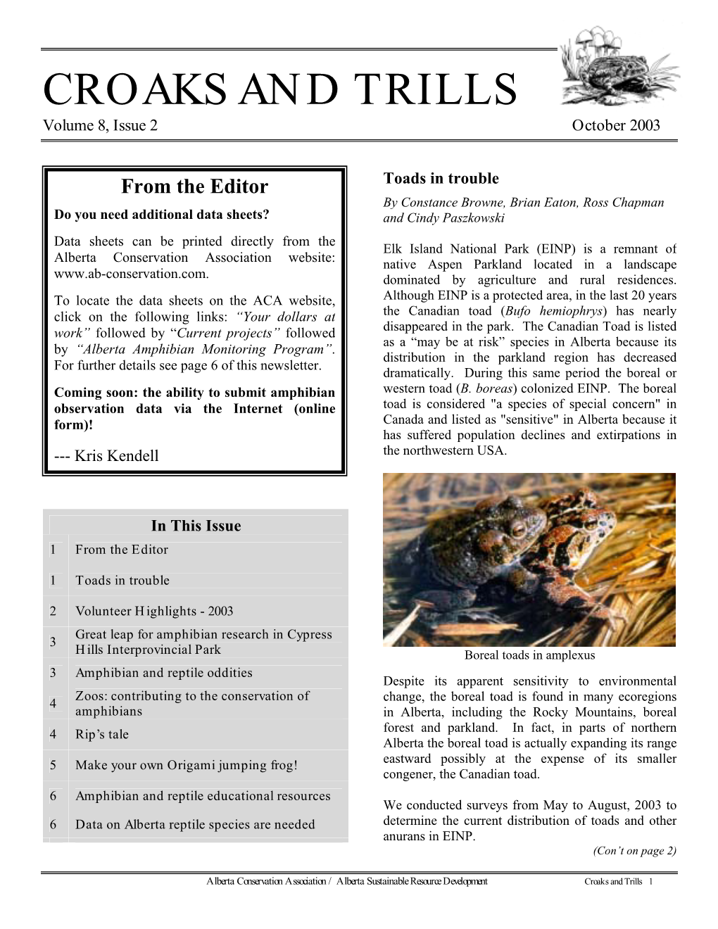 CROAKS and TRILLS Volume 8, Issue 2 October 2003