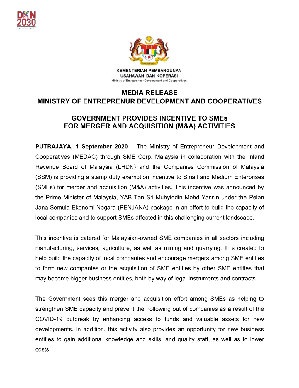 Media Release Ministry of Entreprenur Development and Cooperatives