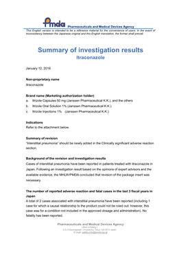Summary of Investigation Results Itraconazole