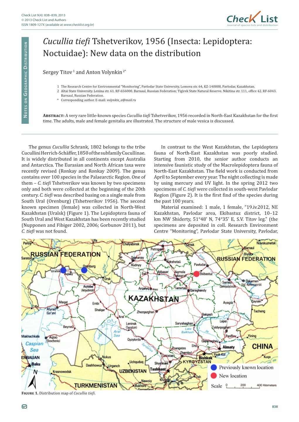 Cucullia Tiefi Tshetverikov, 1956 (Insecta: Lepidoptera: Noctuidae): New Data on the Distribution Istributio