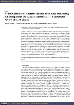 Neural Correlates of Aberrant Salience and Source Monitoring in Schizophrenia and At-Risk Mental States - a Systematic Review of Fmri Studies