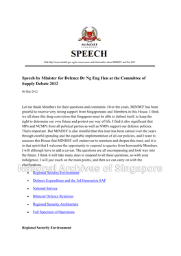 Speech by Minister for Defence Dr Ng Eng Hen at the Committee of Supply Debate 2012