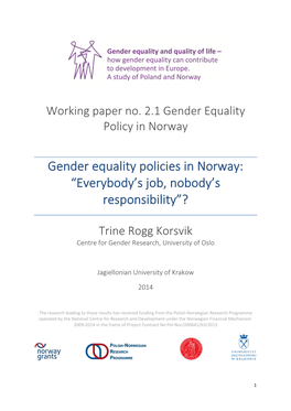 Gender Equality Policies in Norway: “Everybody's Job, Nobody's