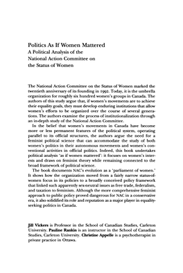 Politics As If Women Mattered a Political Analysis of the National Action Committee on the Status of Women