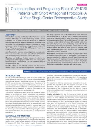 Characteristics and Pregnancy Rate of IVF-ICSI Patients with Short Antagonist Protocols: a Section 4-Year Single Center Retrospective Study Obstetrics and Gynaecology