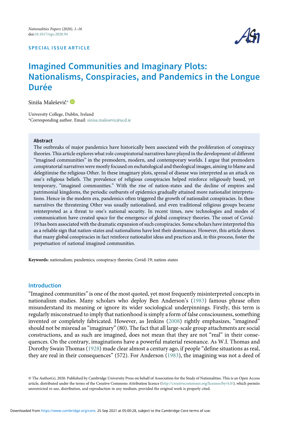 Imagined Communities and Imaginary Plots: Nationalisms, Conspiracies, and Pandemics in the Longue Durée