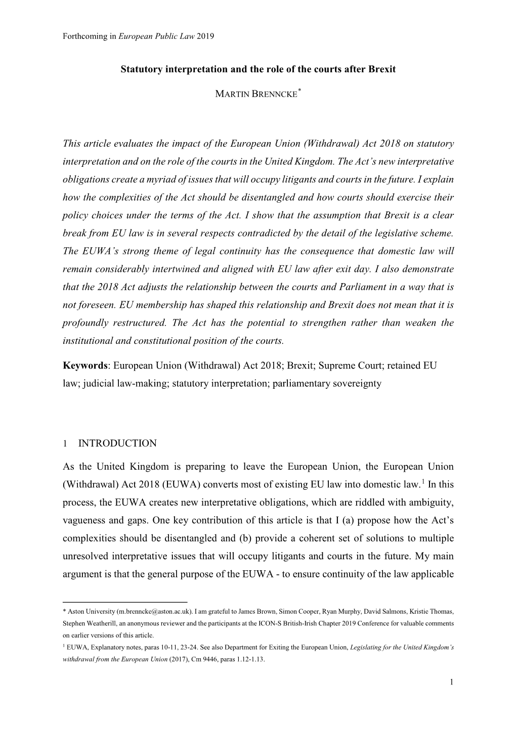 Statutory Interpretation and the Role of the Courts After Brexit