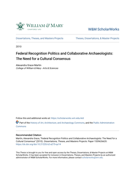 Federal Recognition Politics and Collaborative Archaeologists: the Need for a Cultural Consensus