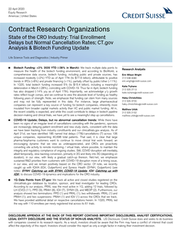 Contract Research Organizations State of the CRO Industry: Trial Enrollment Delays but Normal Cancellation Rates; CT.Gov Analysis & Biotech Funding Update
