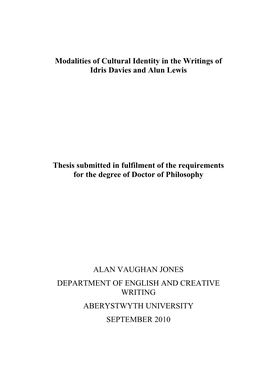 Modalities of Cultural Identity in the Writings of Idris Davies and Alun Lewis