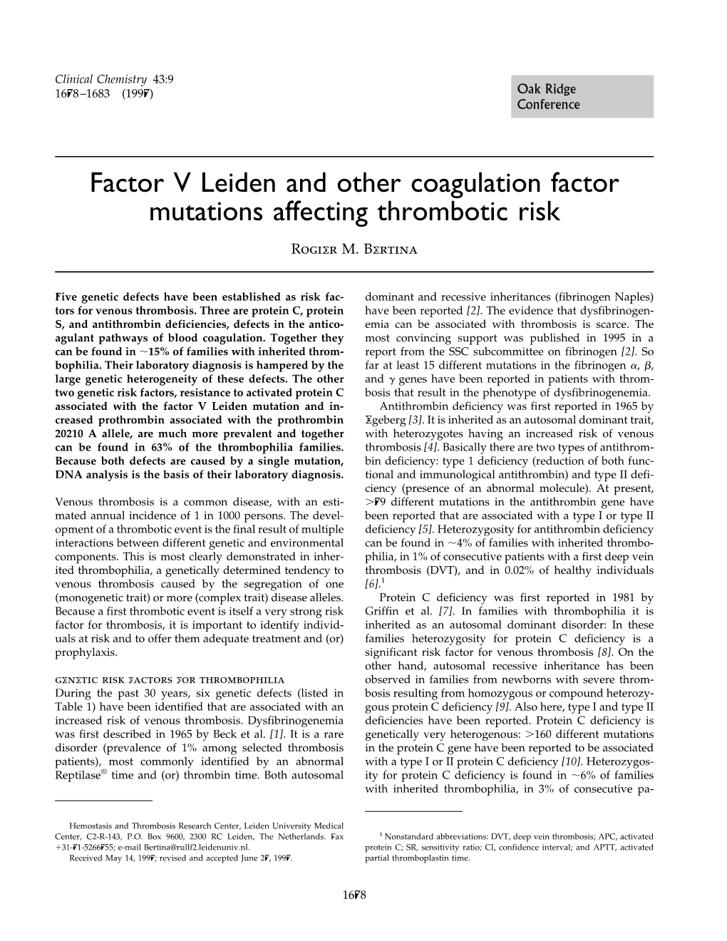 Factor V Leiden and Other Coagulation Factor Mutations Affecting Thrombotic Risk