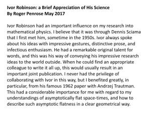 Ivor Robinson: a Brief Appreciation of His Science by Roger Penrose May 2017
