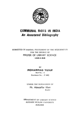 COMMUNAL Riots Tl\L INDIA an Aanatated Bibliograptty