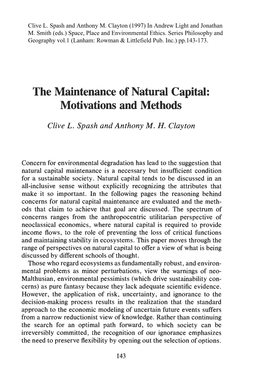 The Maintenance of Natural Capital: Motivations and Methods