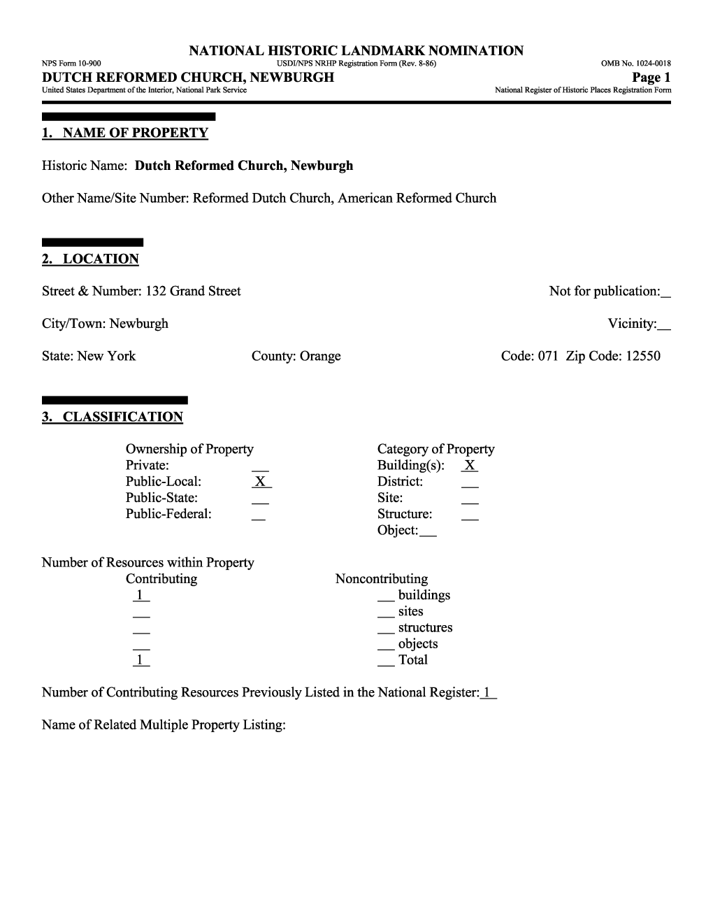 DUTCH REFORMED CHURCH, NEWBURGH Page 1 United States Department of the Interior, National Park Service National Register of Historic Places Registration Form