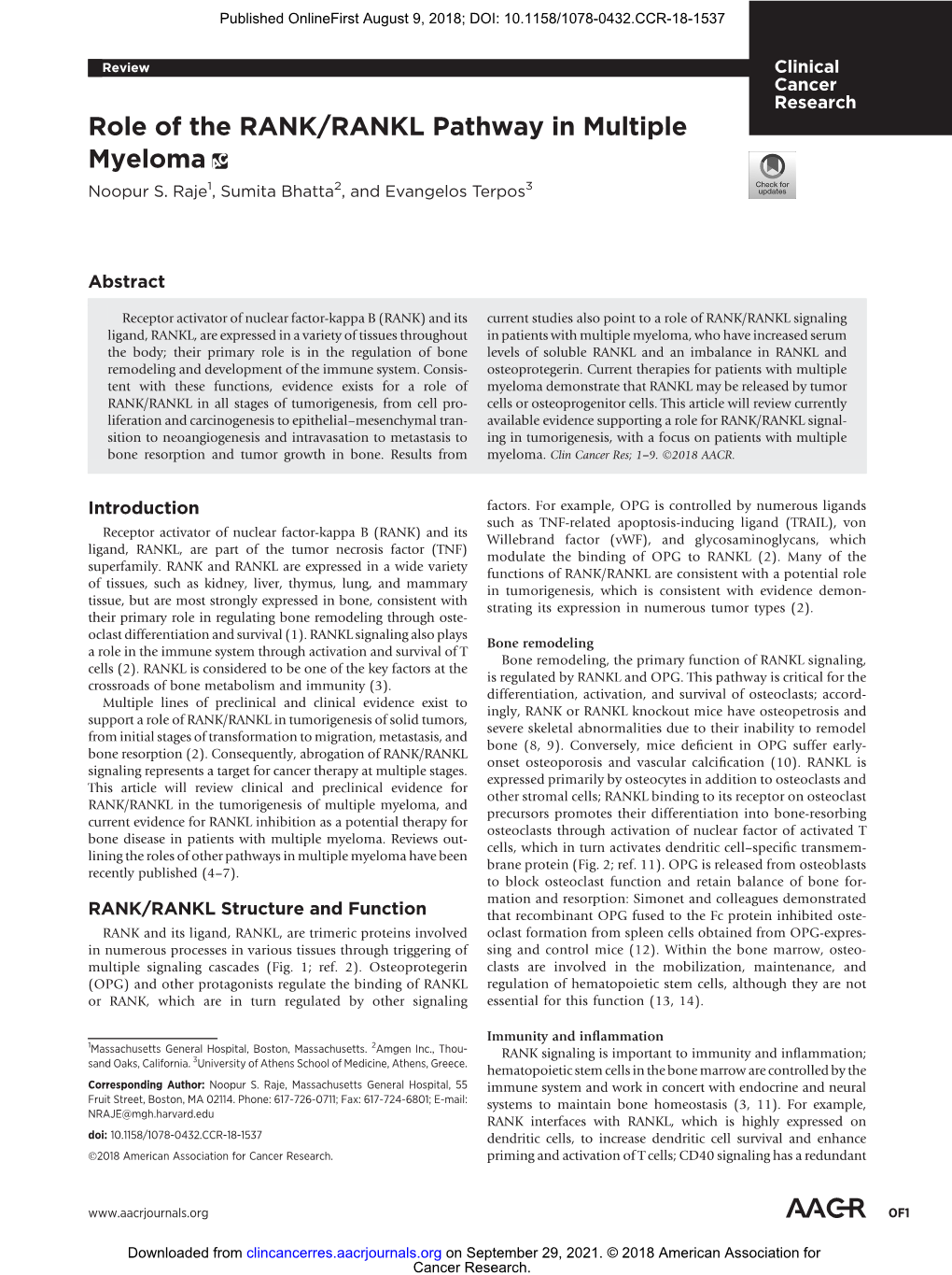 Role of the RANK/RANKL Pathway in Multiple Myeloma Noopur S