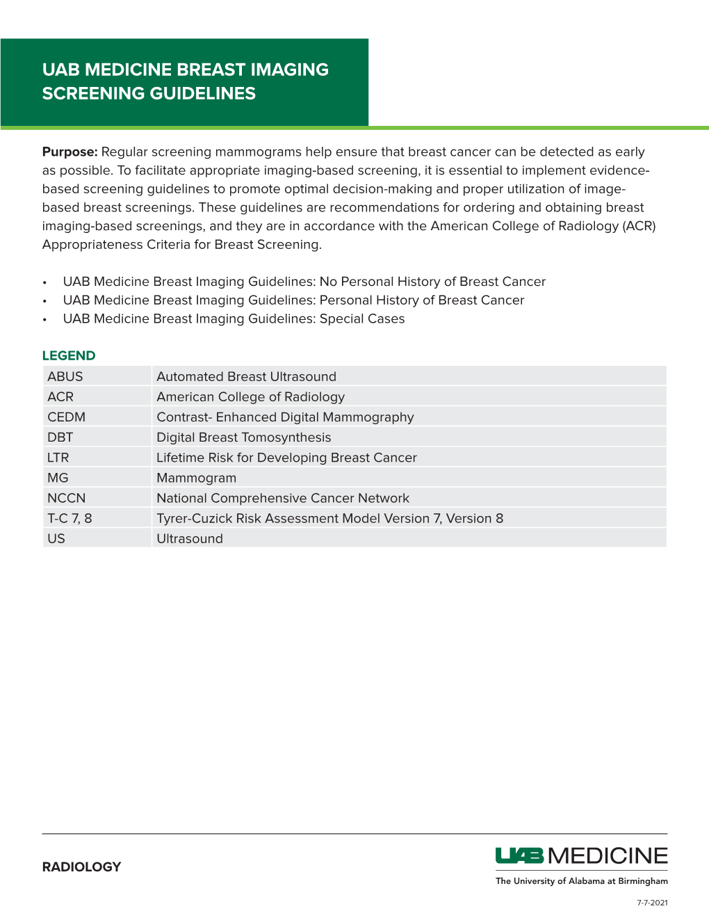 Uab Medicine Breast Imaging Screening Guidelines