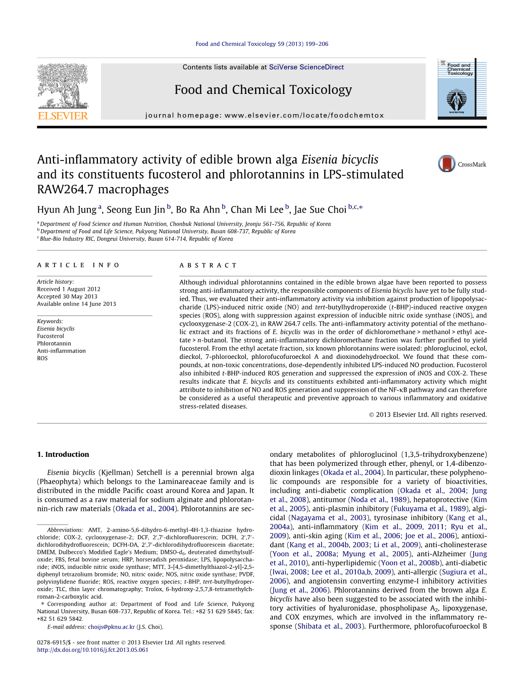 Anti-Inflammatory Activity of Edible Brown Alga Eisenia Bicyclis and Its Constituents Fucosterol and Phlorotannins in LPS-Stimul