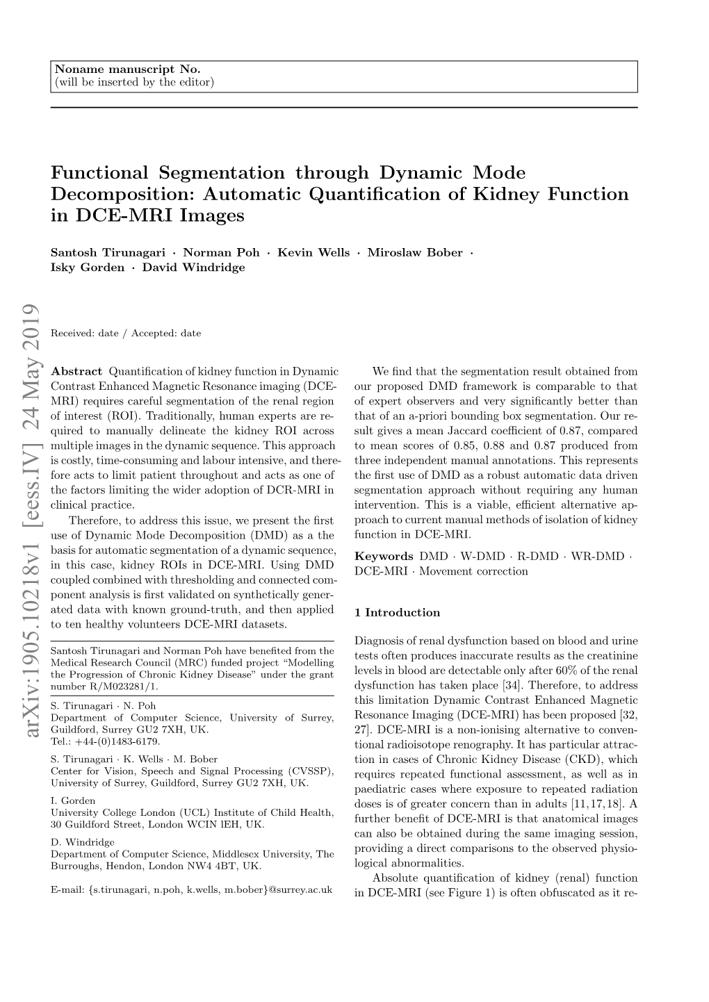 Automatic Quantification of Kidney Function in DCE-MRI Images