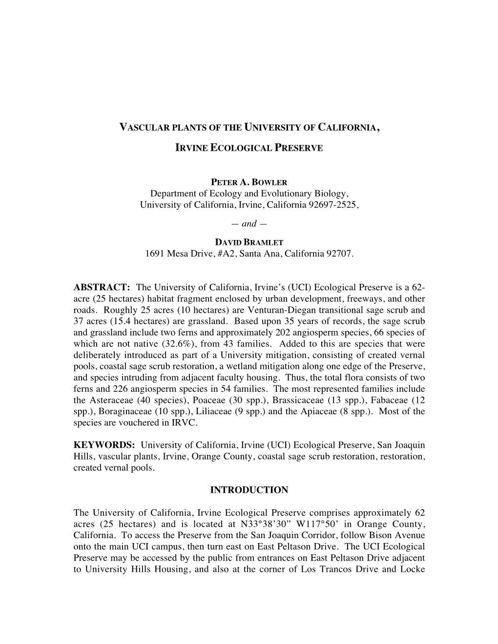 Vascular Plants of the University of California, Irvine Ecological Preserve