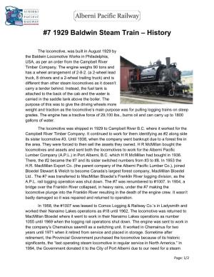 7 1929 Baldwin Steam Train – History