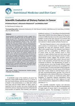 Scientific Evaluation of Dietary Factors in Cancer M Waheed Roomi1, Aleksandra Niedzwiecki2* and Matthias Rath3 Check for Updates Dr