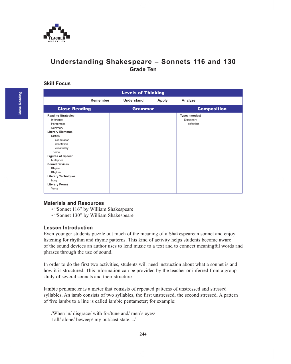 Understanding Shakespeare – Sonnets 116 and 130 Grade Ten