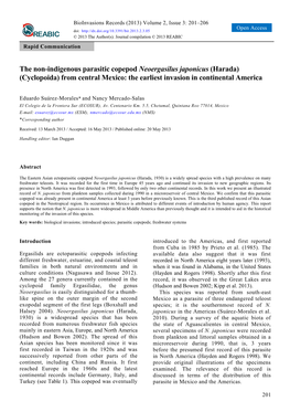 The Non-Indigenous Parasitic Copepod Neoergasilus Japonicus (Harada) (Cyclopoida) from Central Mexico: the Earliest Invasion in Continental America