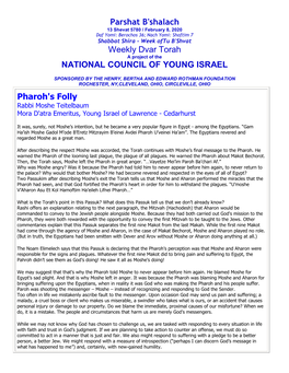 Parshat B'shalach Weekly Dvar Torah NATIONAL COUNCIL of YOUNG