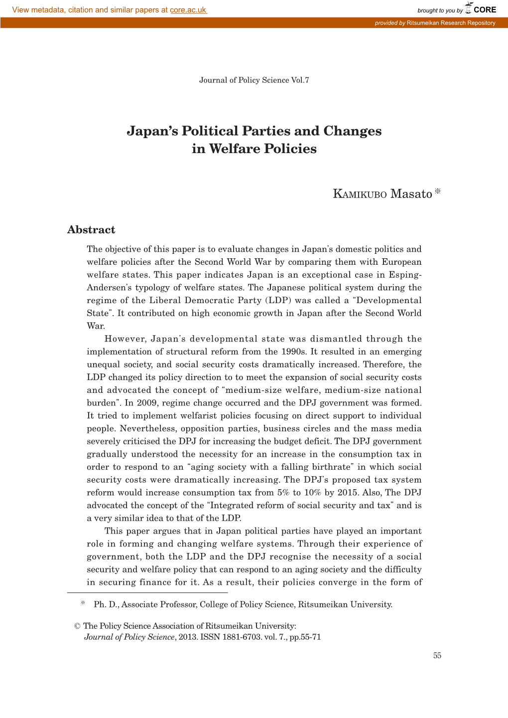 Japan's Political Parties and Changes in Welfare Policies