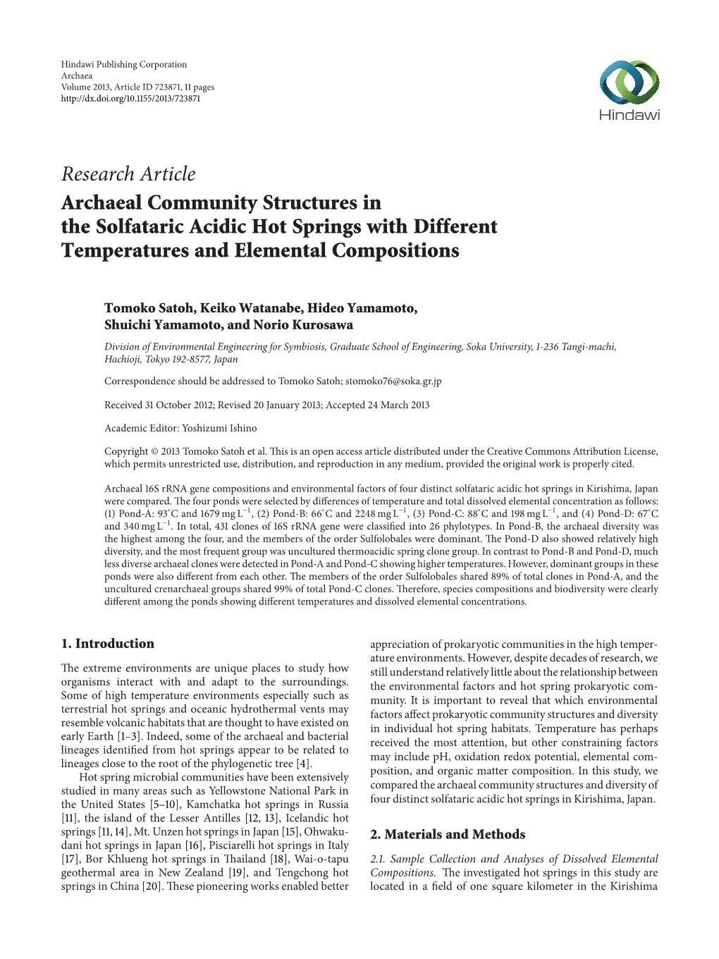 Archaeal Community Structures in the Solfataric Acidic Hot Springs with Different Temperatures and Elemental Compositions