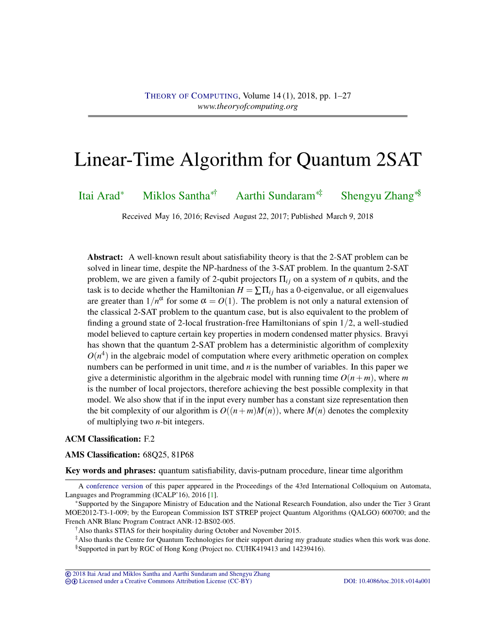 Linear-Time Algorithm for Quantum 2SAT